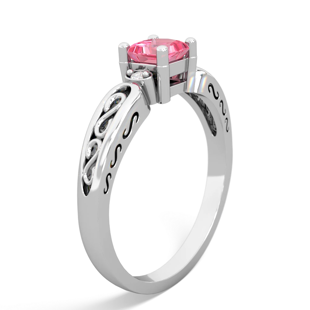 Lab Pink Sapphire Filligree Scroll Square 14K White Gold ring R2430