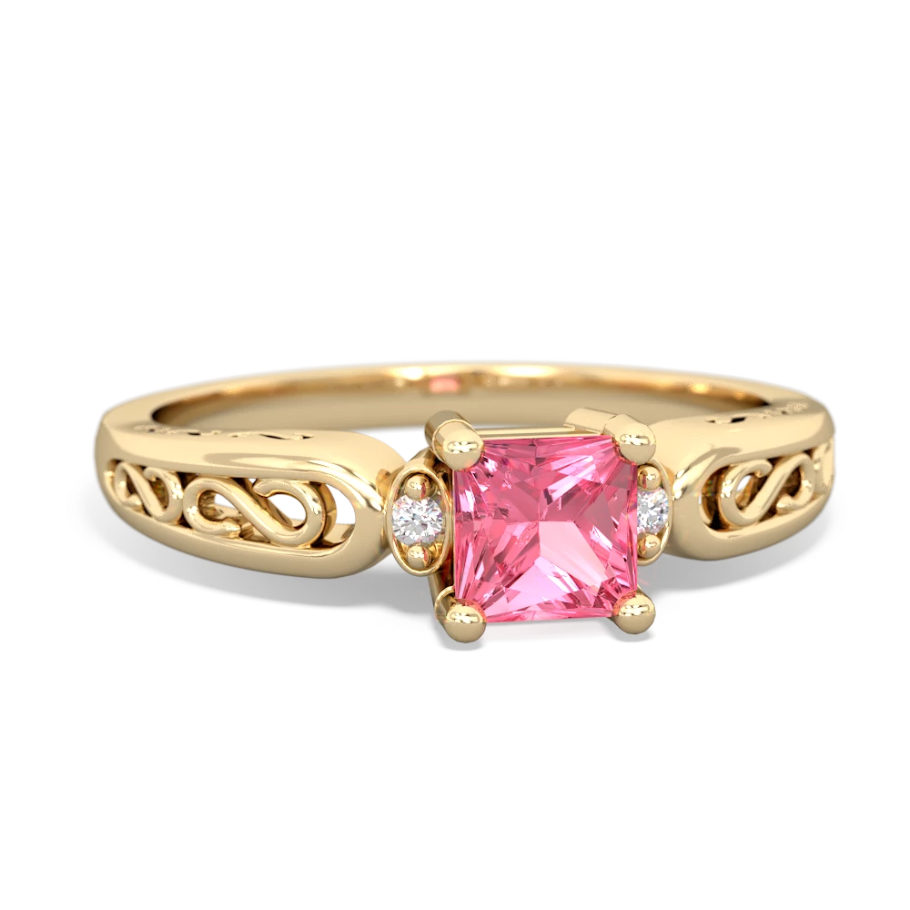 Lab Pink Sapphire Filligree Scroll Square 14K Yellow Gold ring R2430