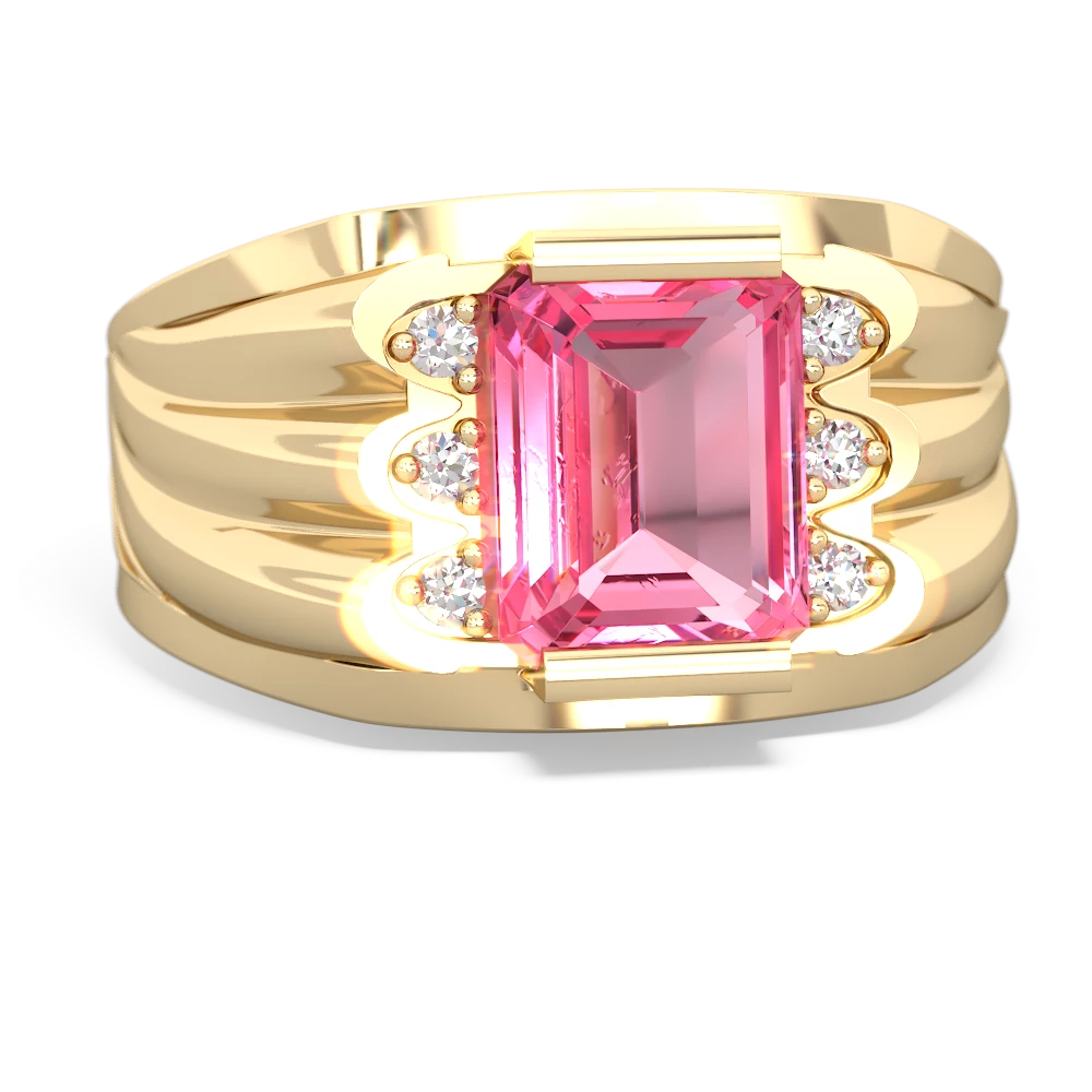 Lab Pink Sapphire Men's 9X7mm Emerald-Cut 14K Yellow Gold ring R1835