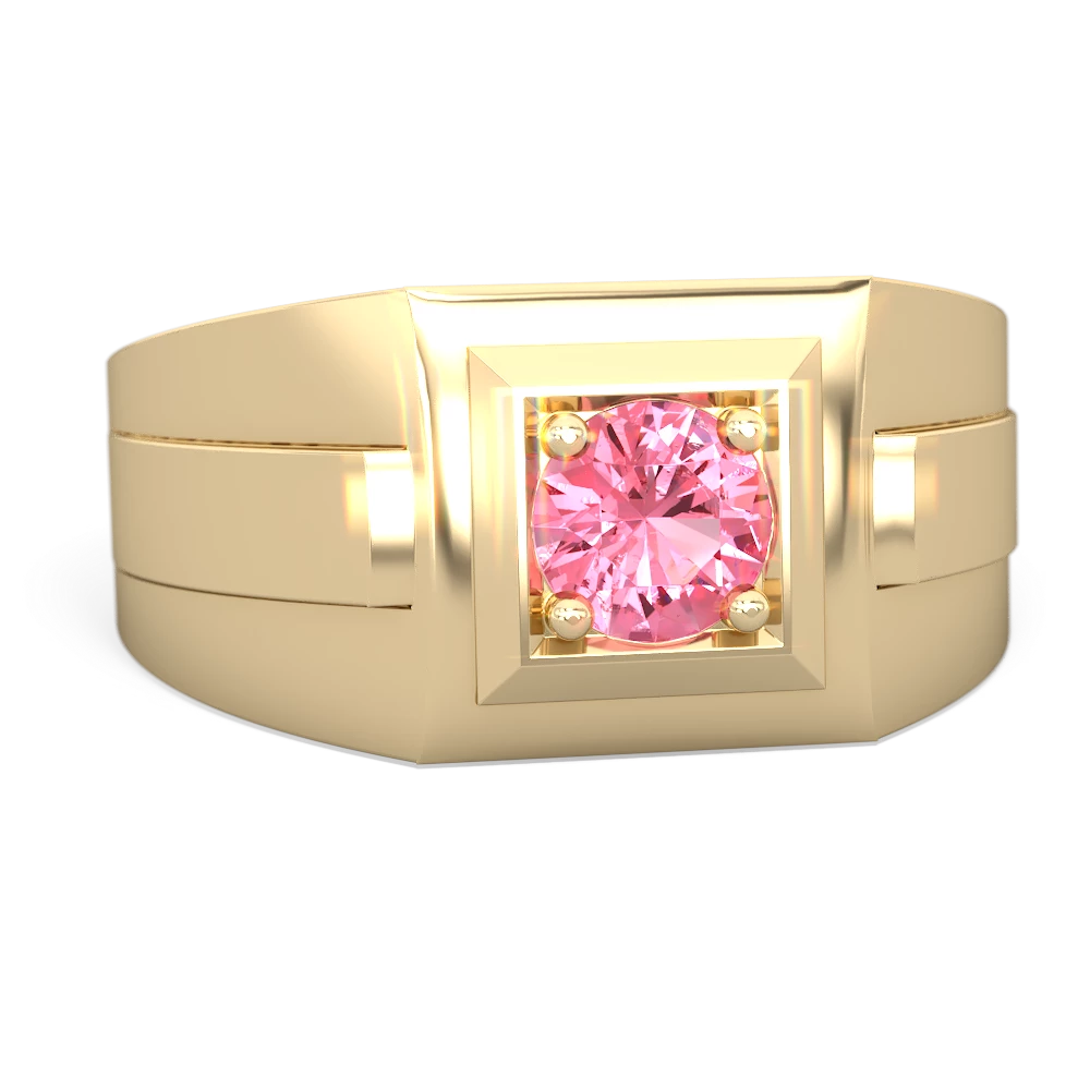 Lab Pink Sapphire Men's Squared Circle 14K Yellow Gold ring R0480