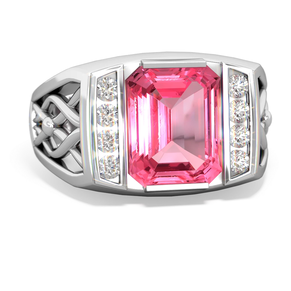 Lab Pink Sapphire Men's Vine 14K White Gold ring R0490 - front view