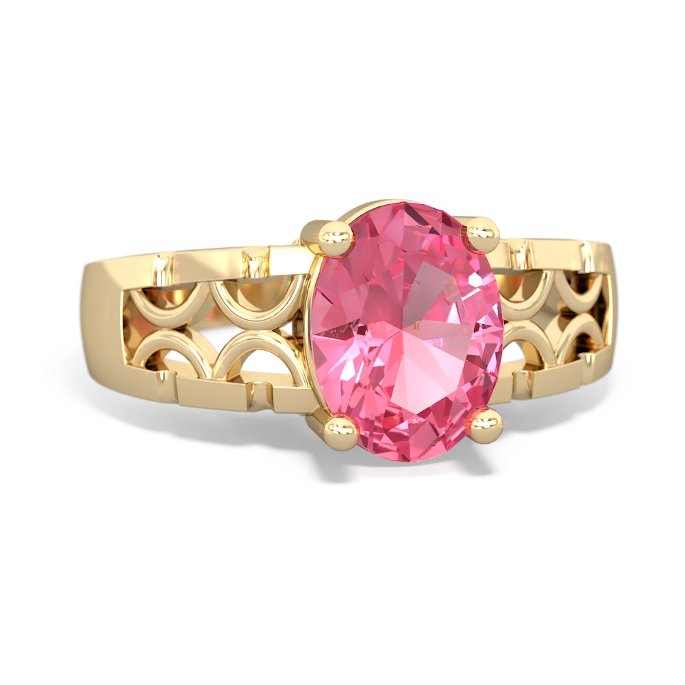 Lab Pink Sapphire Art Deco Filigree 14K Yellow Gold ring R2322