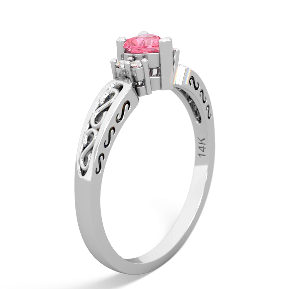 Lab Pink Sapphire Filligree Scroll Heart 14K White Gold ring R2429