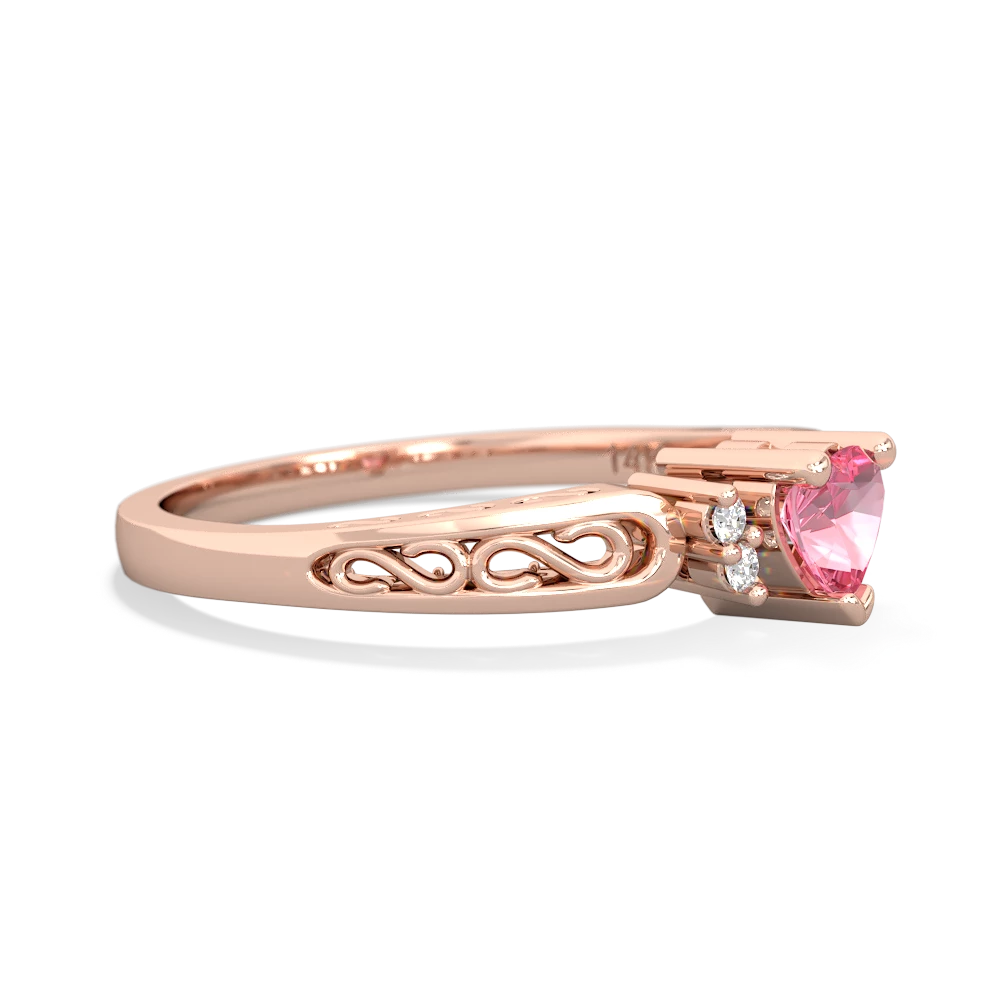 Lab Pink Sapphire Filligree Scroll Heart 14K Rose Gold ring R2429