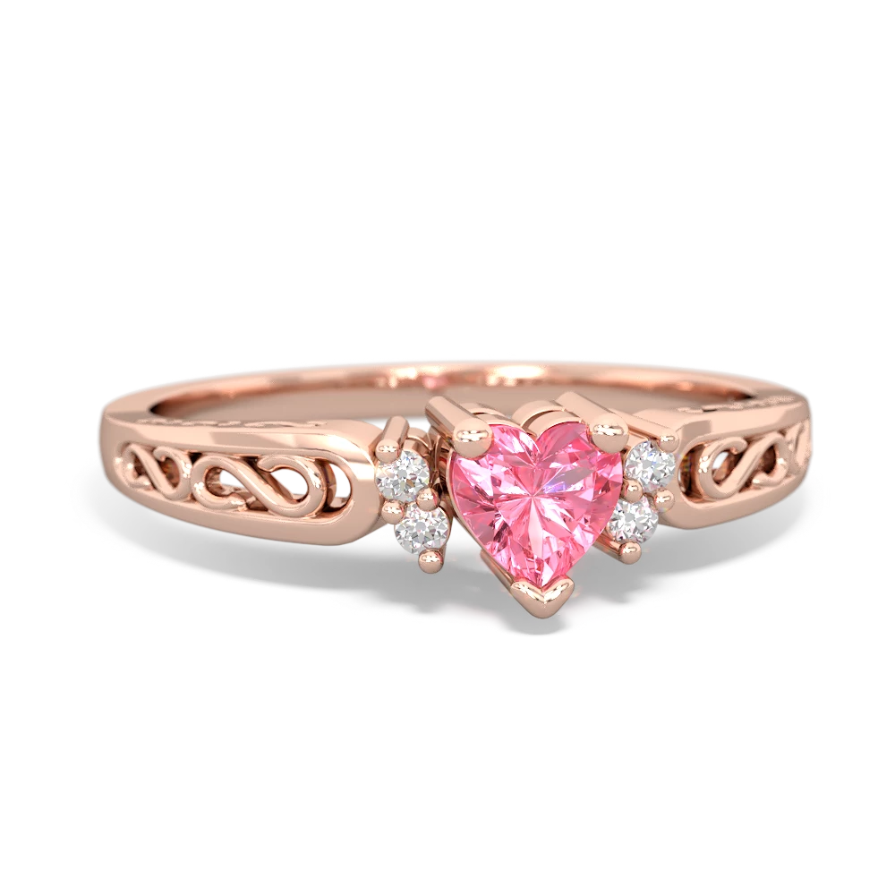 Lab Pink Sapphire Filligree Scroll Heart 14K Rose Gold ring R2429