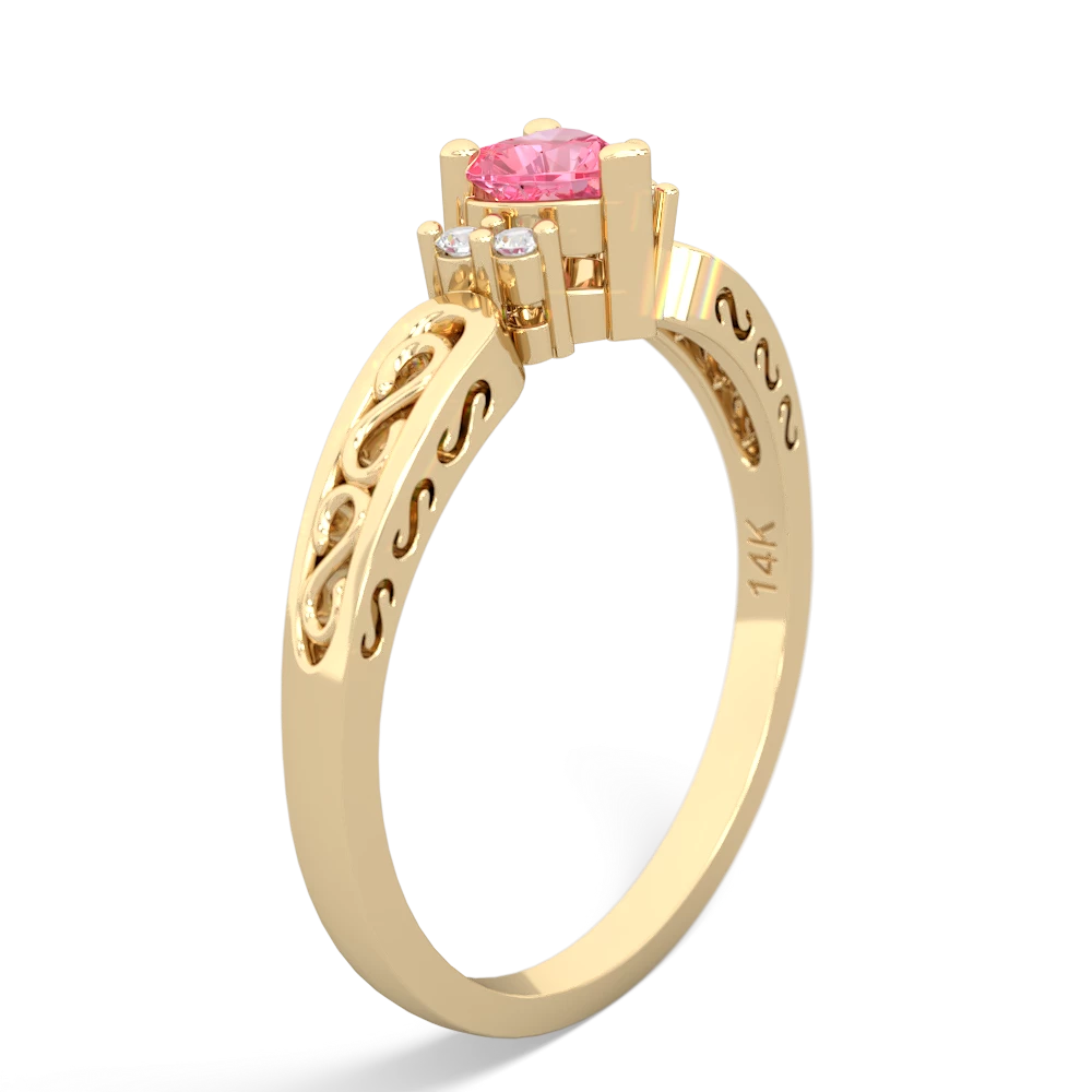 Lab Pink Sapphire Filligree Scroll Heart 14K Yellow Gold ring R2429