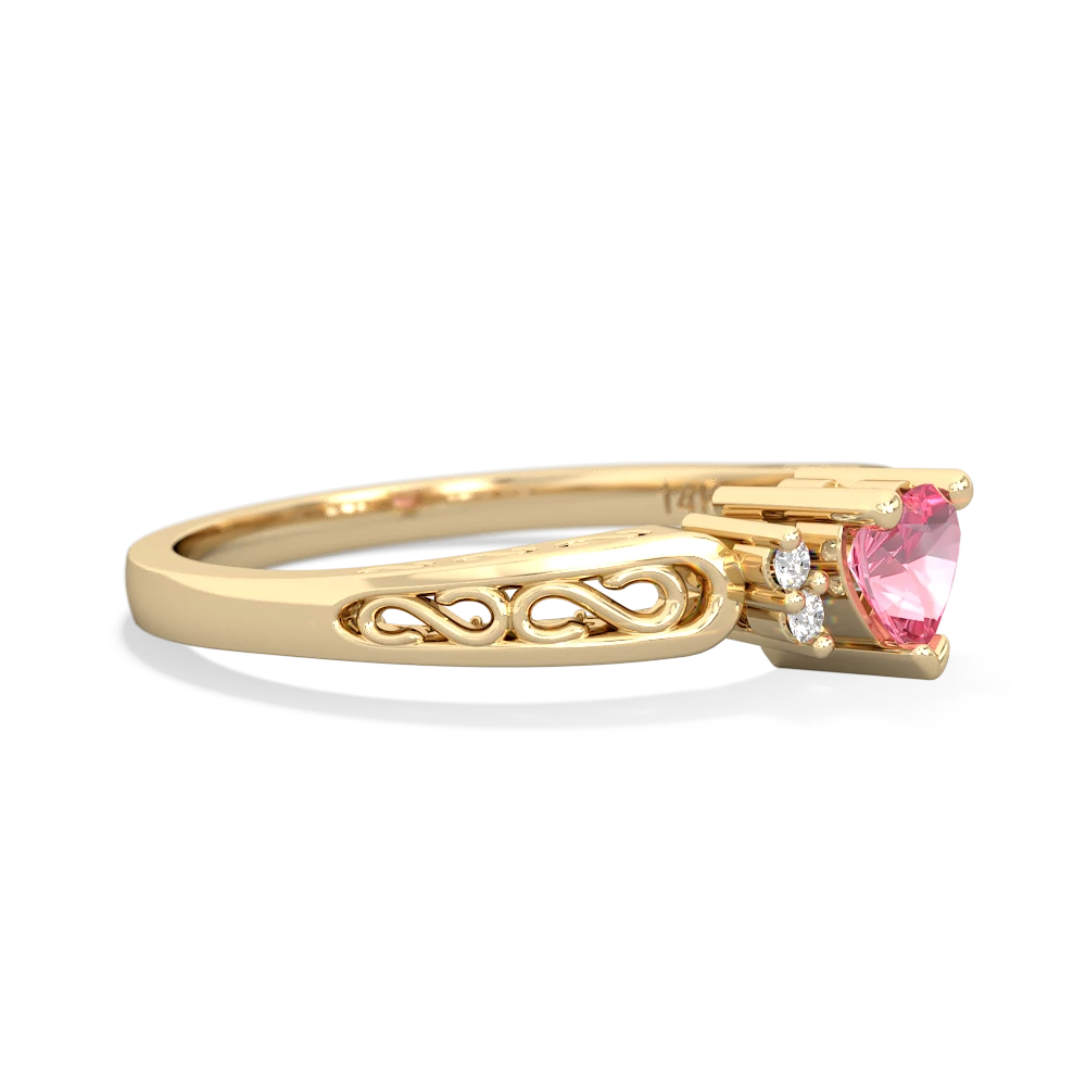 Lab Pink Sapphire Filligree Scroll Heart 14K Yellow Gold ring R2429