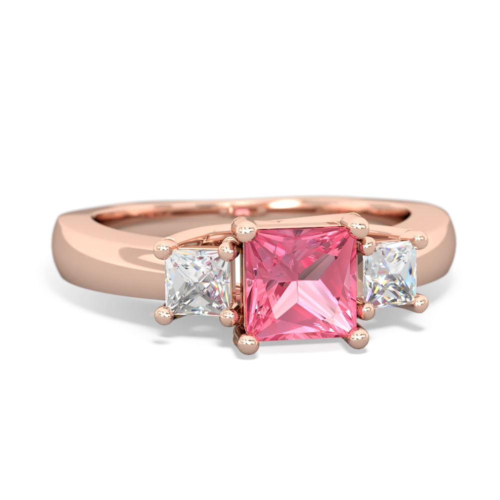 Lab Pink Sapphire Three Stone Trellis 14K Rose Gold ring R4015