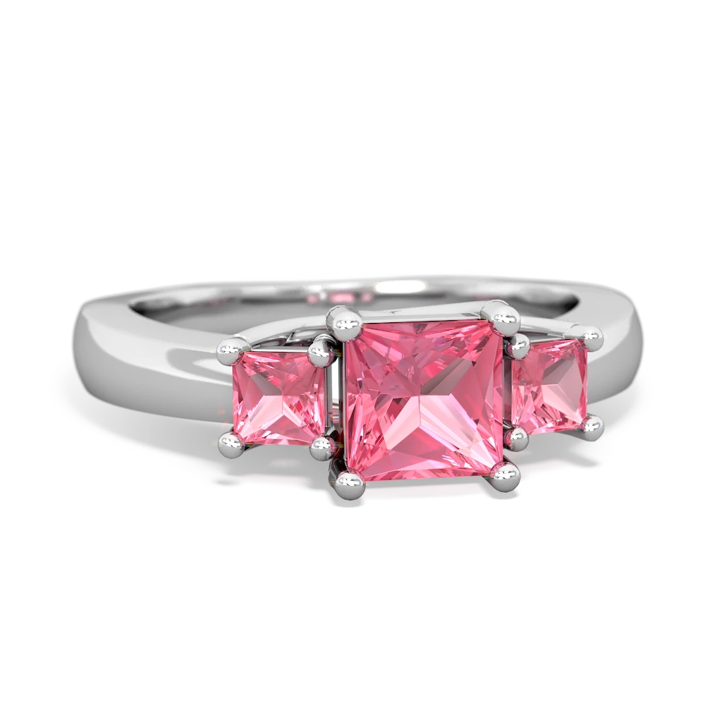 Lab Pink Sapphire Three Stone Trellis 14K White Gold ring R4015