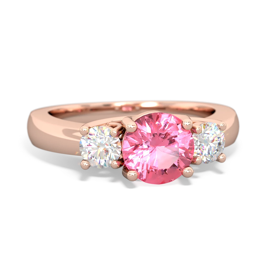Lab Pink Sapphire Diamond Three Stone Round Trellis 14K Rose Gold ring R4018