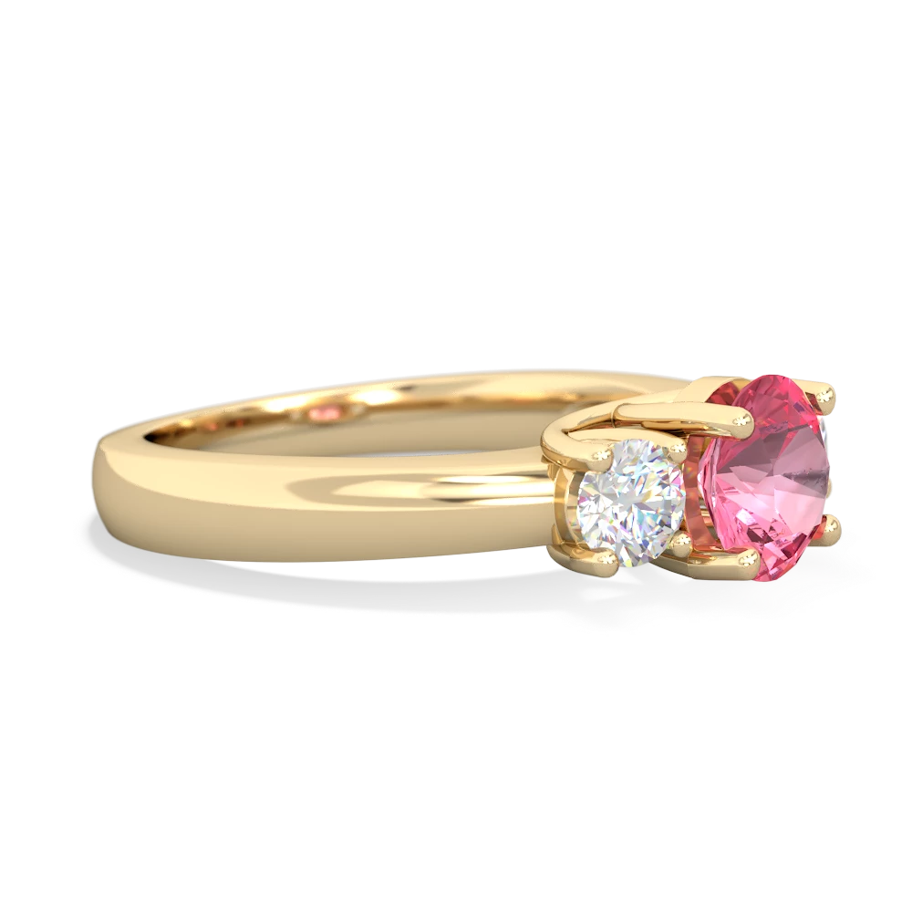 Lab Pink Sapphire Diamond Three Stone Round Trellis 14K Yellow Gold ring R4018