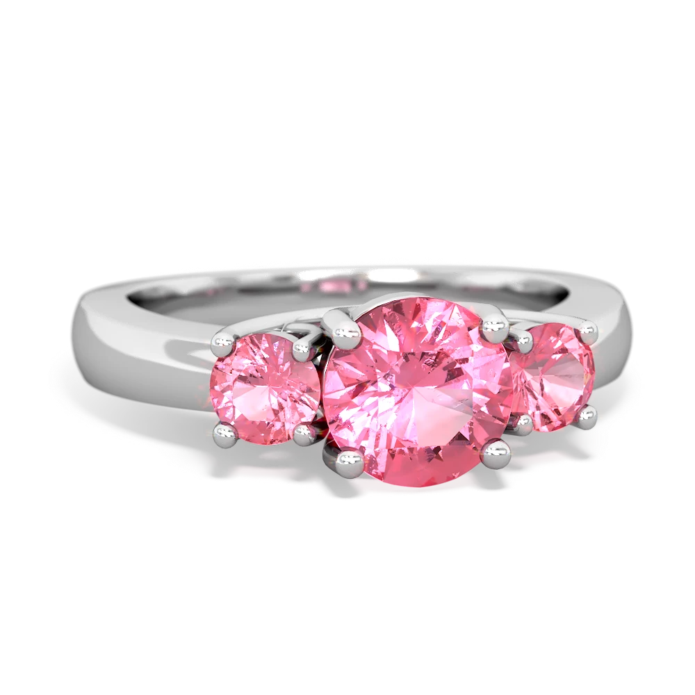 Lab Pink Sapphire Three Stone Round Trellis 14K White Gold ring R4018