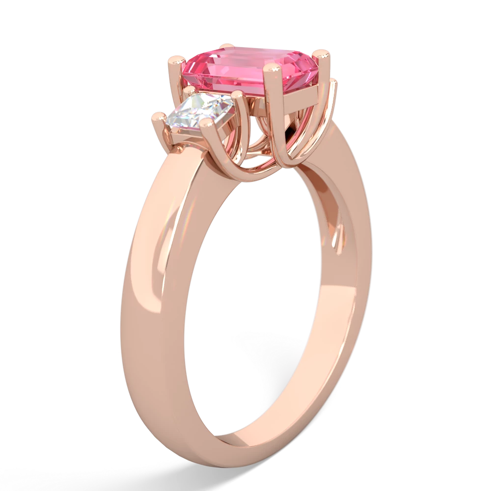 Lab Pink Sapphire Diamond Three Stone Emerald-Cut Trellis 14K Rose Gold ring R4021