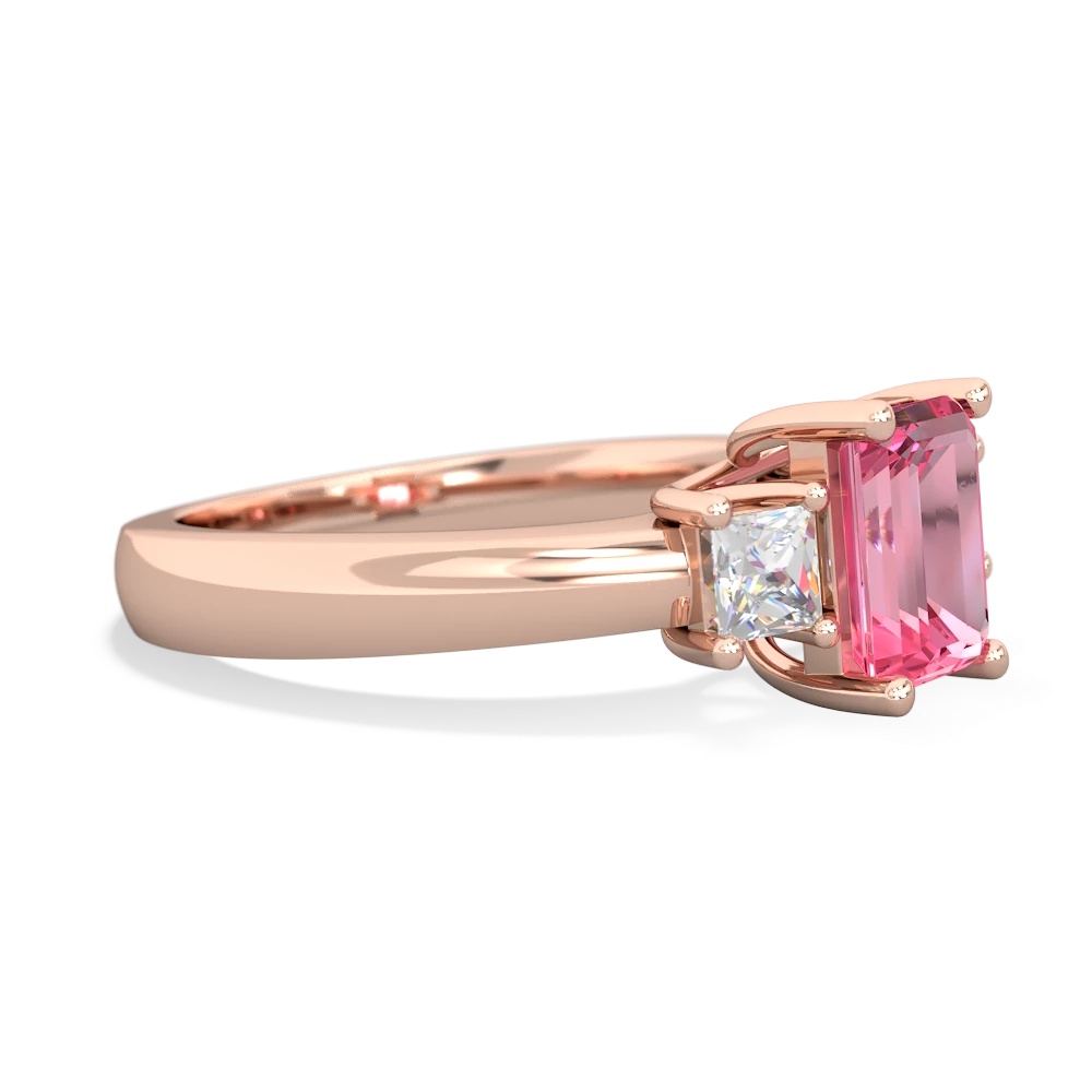 Lab Pink Sapphire Diamond Three Stone Emerald-Cut Trellis 14K Rose Gold ring R4021
