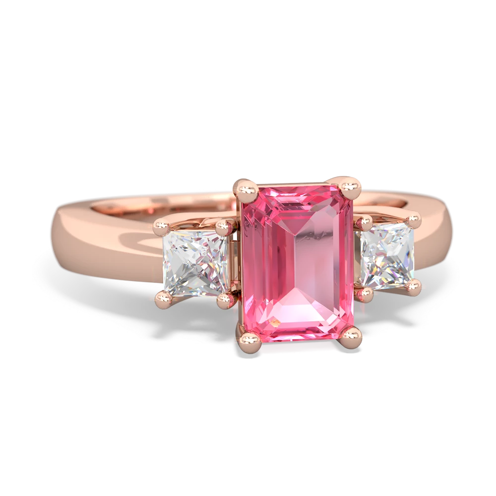 Lab Pink Sapphire Diamond Three Stone Emerald-Cut Trellis 14K Rose Gold ring R4021