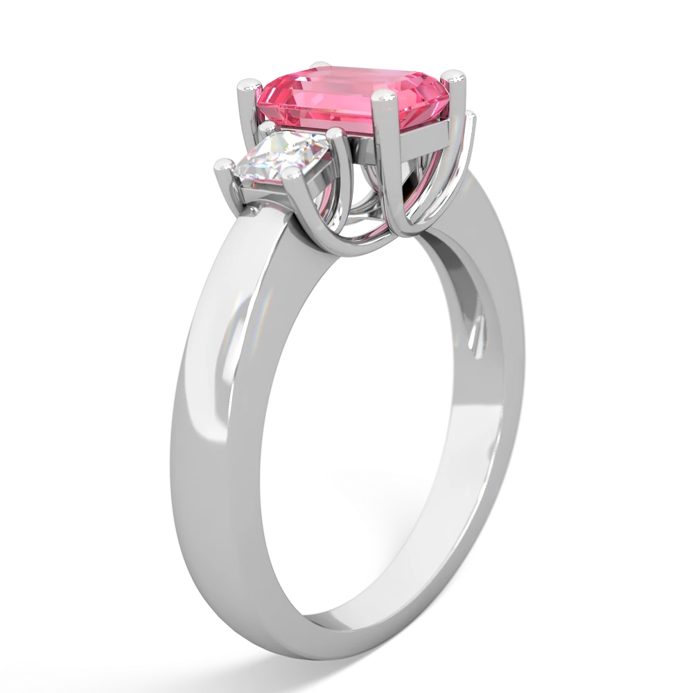 Lab Pink Sapphire Diamond Three Stone Emerald-Cut Trellis 14K White Gold ring R4021