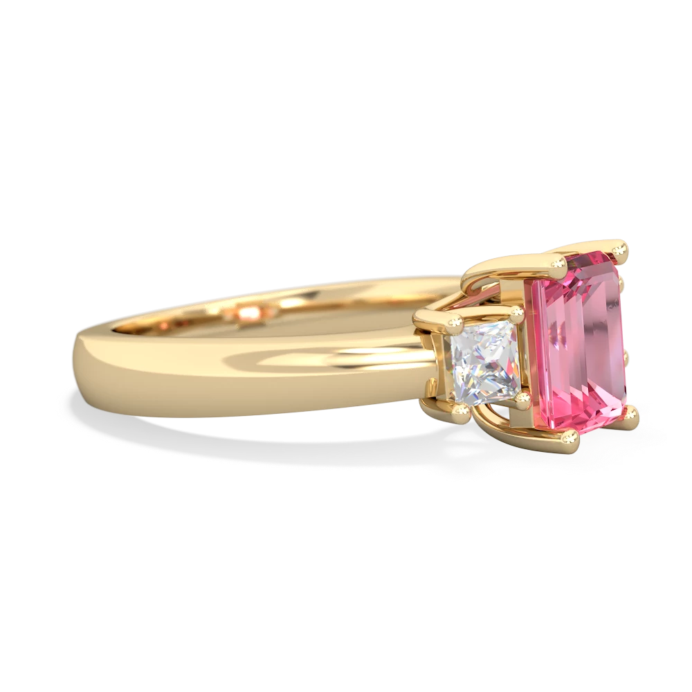 Lab Pink Sapphire Diamond Three Stone Emerald-Cut Trellis 14K Yellow Gold ring R4021