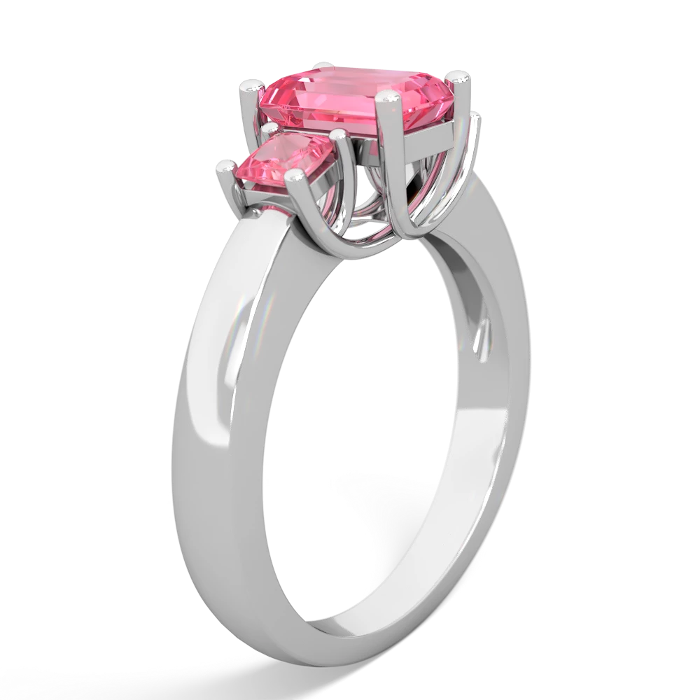 Lab Pink Sapphire Three Stone Emerald-Cut Trellis 14K White Gold ring R4021