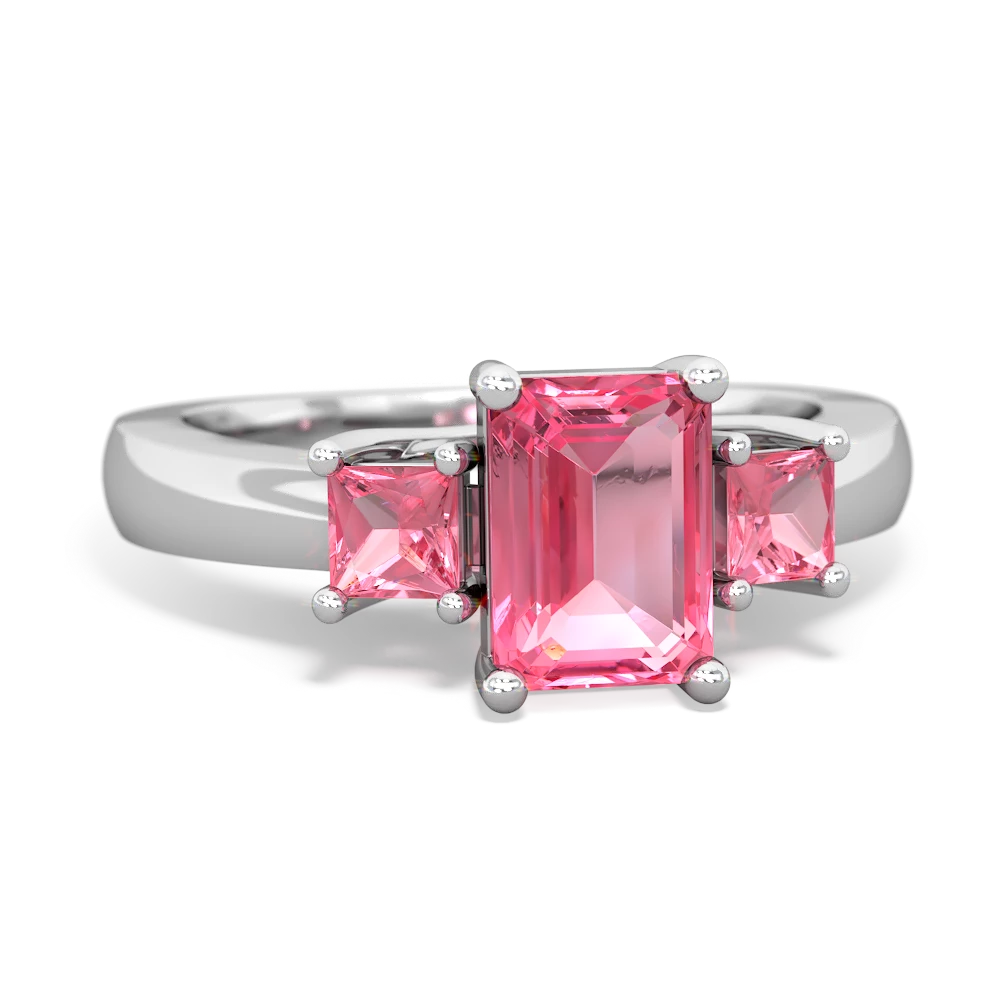 Lab Pink Sapphire Three Stone Emerald-Cut Trellis 14K White Gold ring R4021