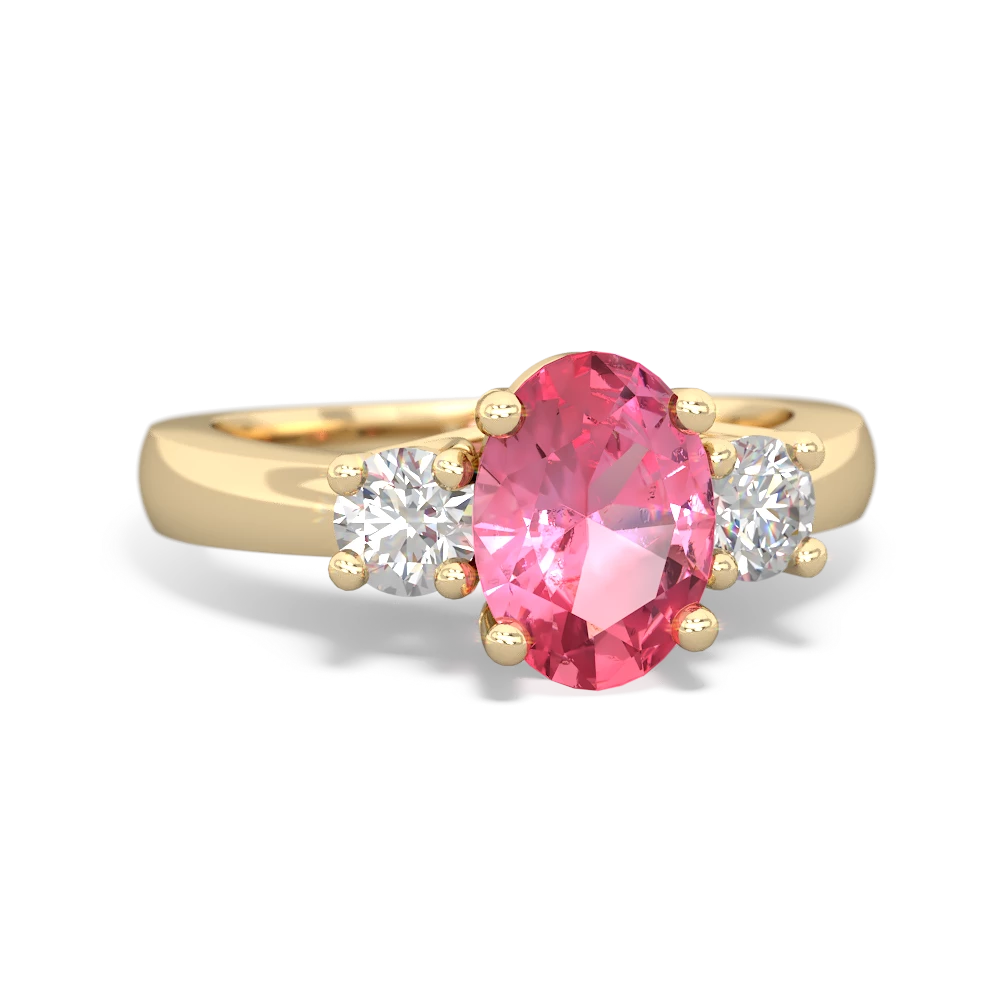 Lab Pink Sapphire Three Stone Trellis 14K Yellow Gold ring R4024