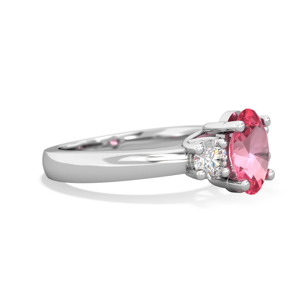 Lab Pink Sapphire Diamond Three Stone Oval Trellis 14K White Gold ring R4024