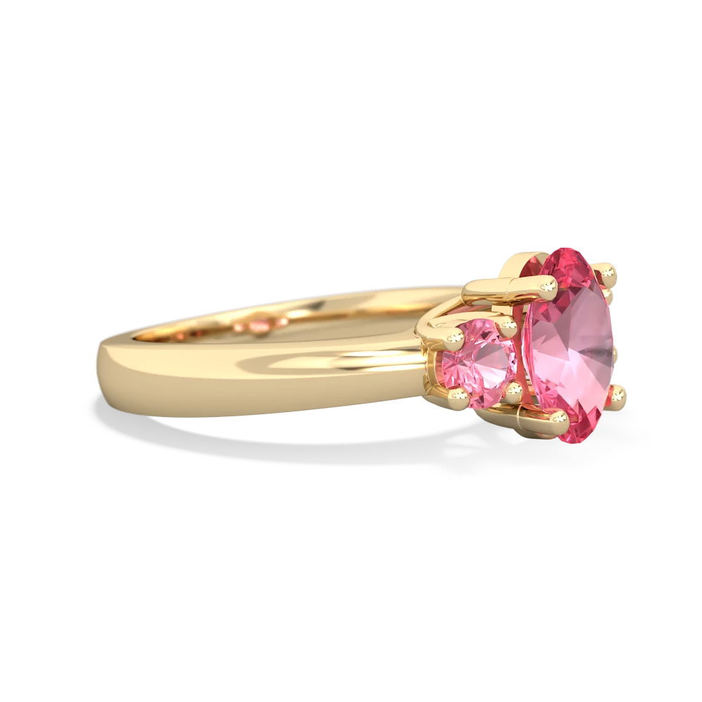 Lab Pink Sapphire Three Stone Oval Trellis 14K Yellow Gold ring R4024