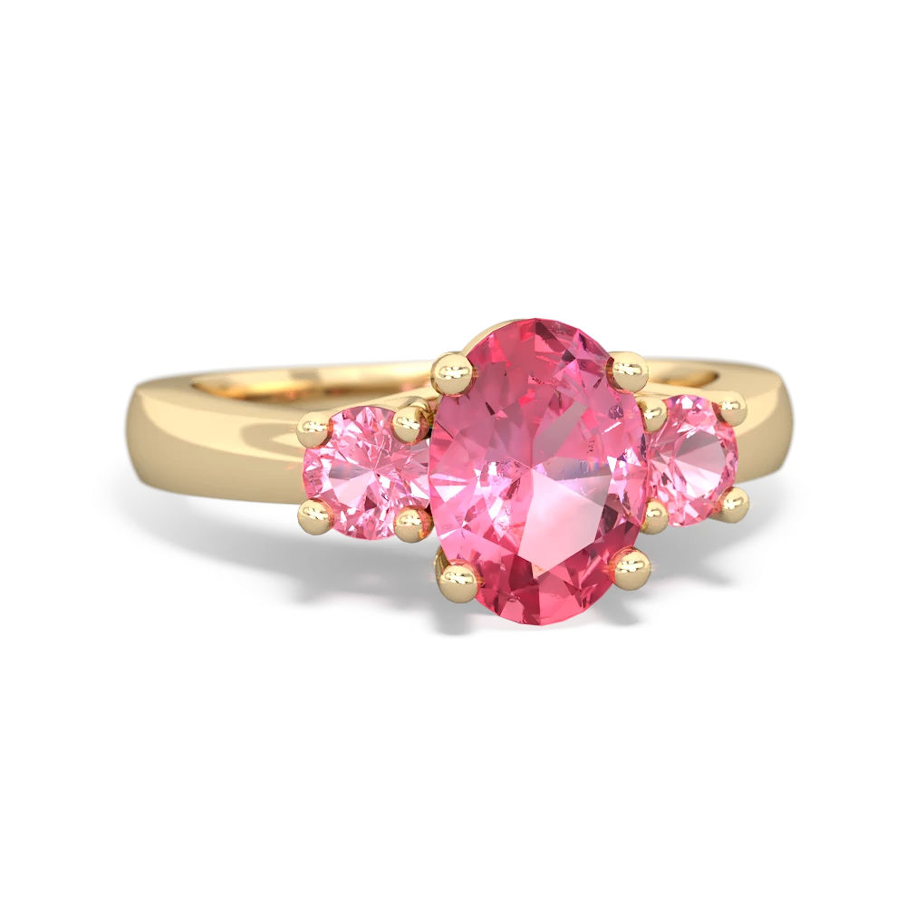 Lab Pink Sapphire Three Stone Oval Trellis 14K Yellow Gold ring R4024