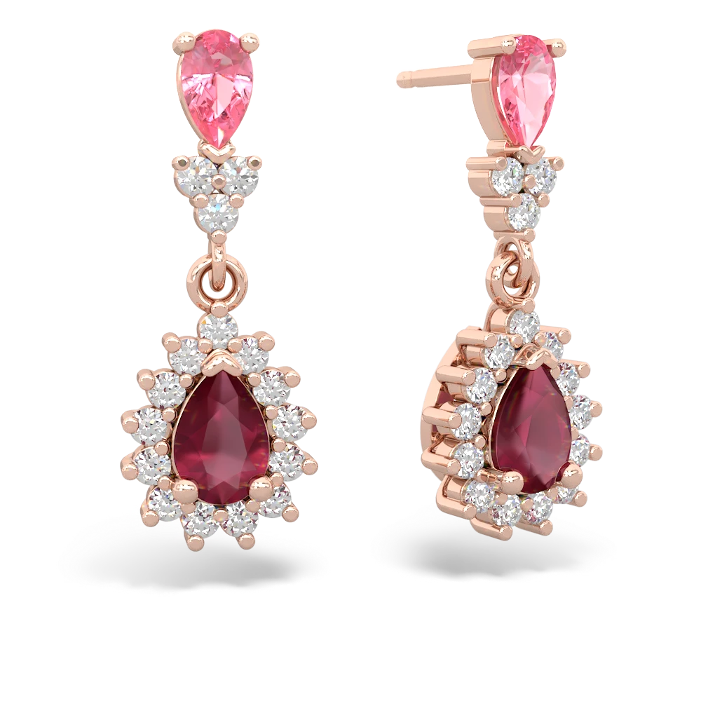 Lab Pink Sapphire Halo Pear Dangle 14K Rose Gold earrings E1882