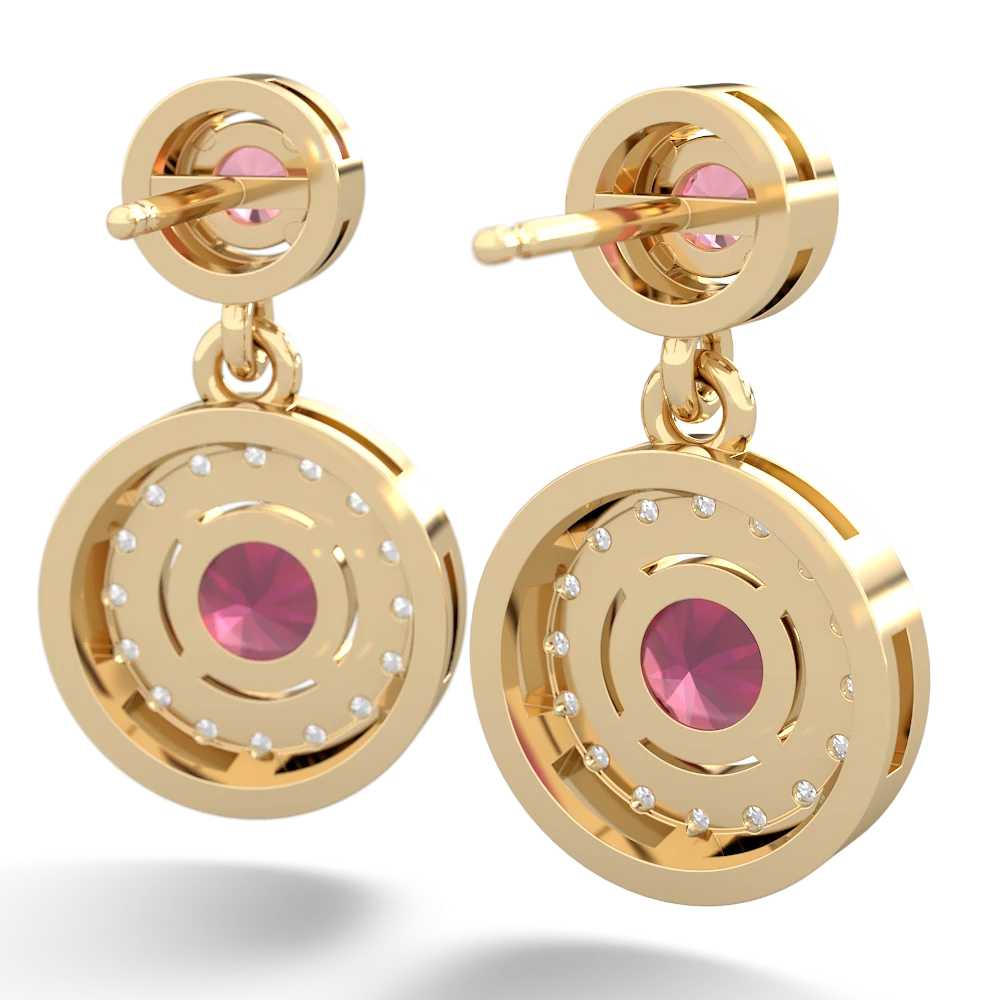 Lab Pink Sapphire Halo Dangle 14K Yellow Gold earrings E5319