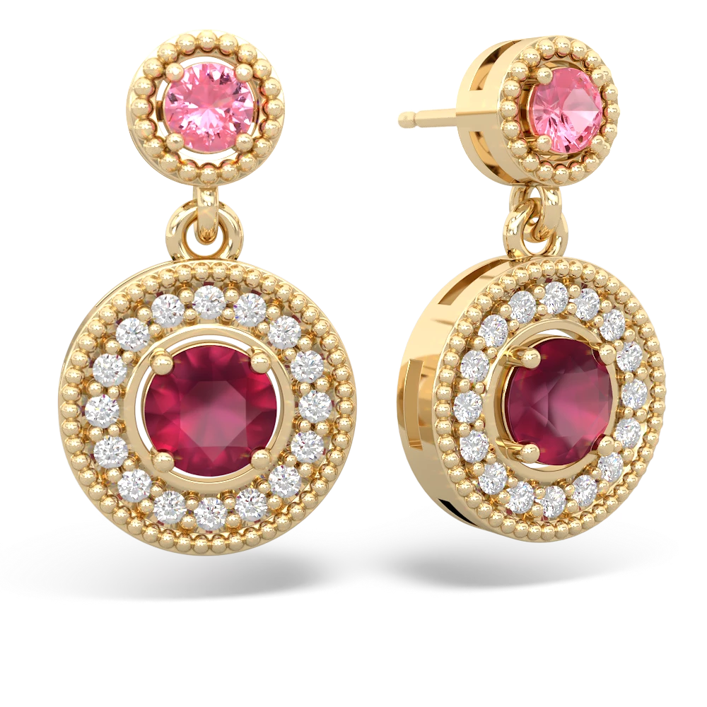 Lab Pink Sapphire Halo Dangle 14K Yellow Gold earrings E5319