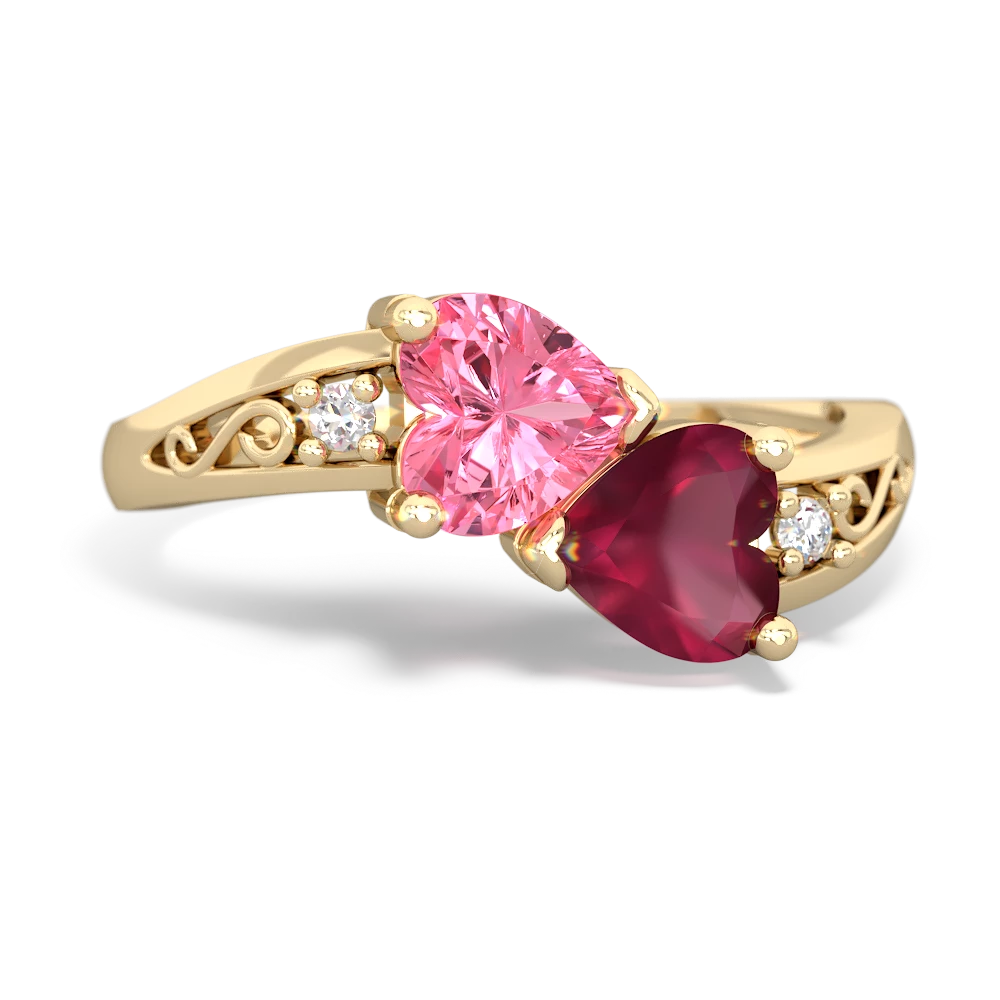 Lab Pink Sapphire Snuggling Hearts 14K Yellow Gold ring R2178