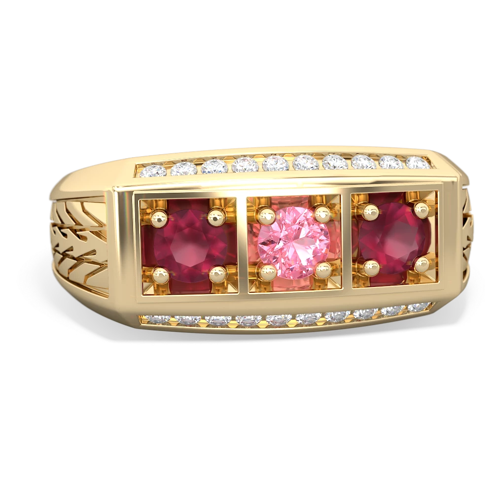 Lab Pink Sapphire Three Stone Tire Tread Men's 14K Yellow Gold ring R0520