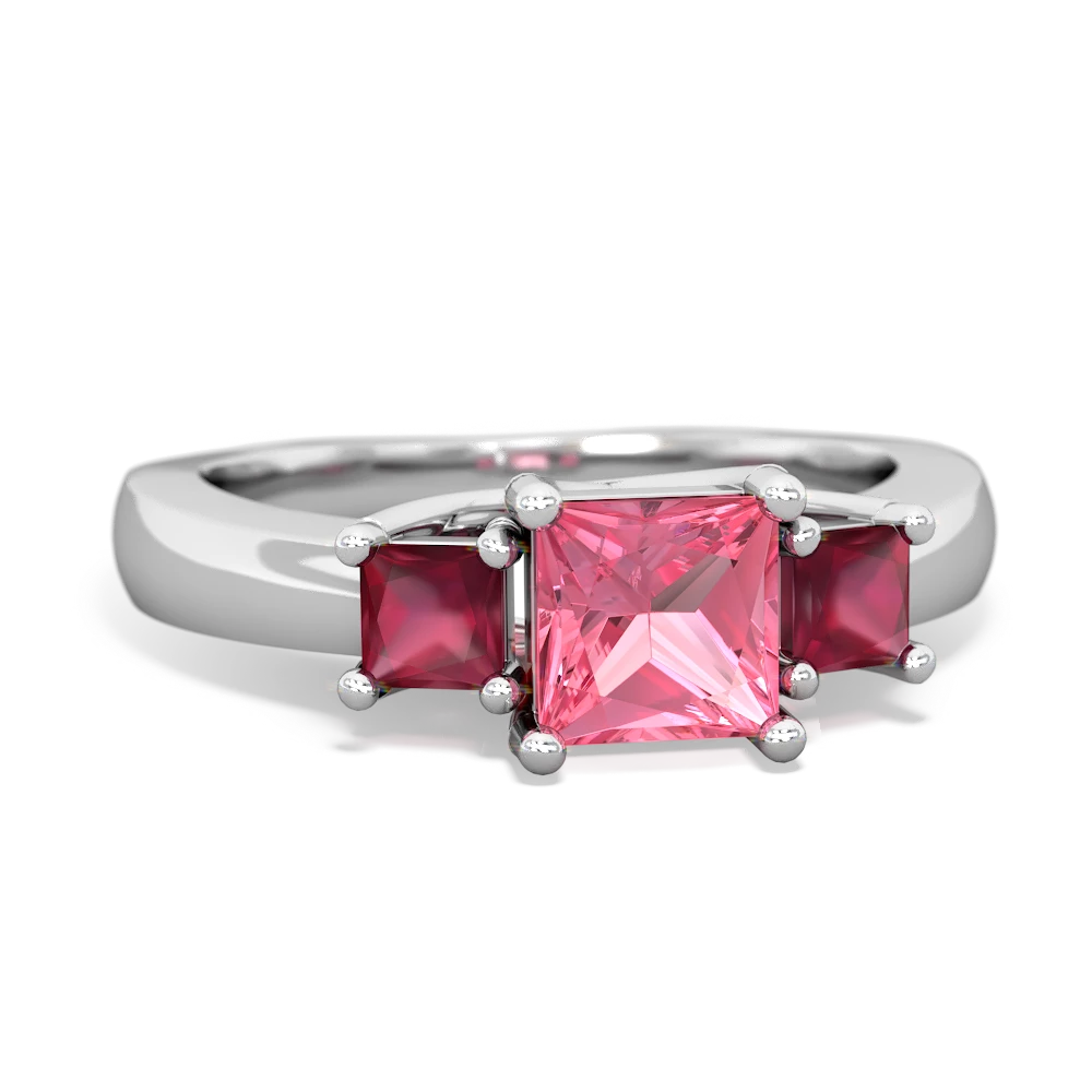 Lab Pink Sapphire Three Stone Trellis 14K White Gold ring R4015