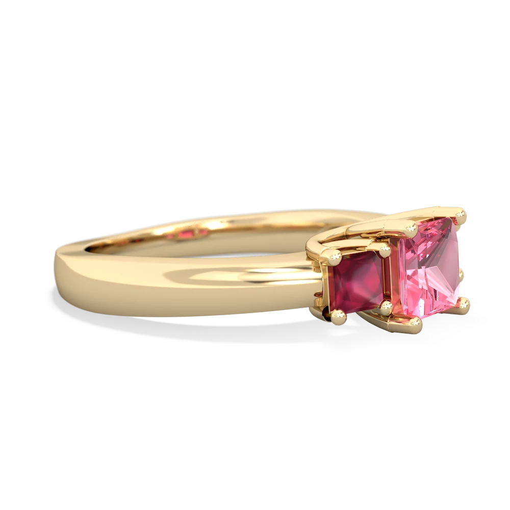 Lab Pink Sapphire Three Stone Trellis 14K Yellow Gold ring R4015