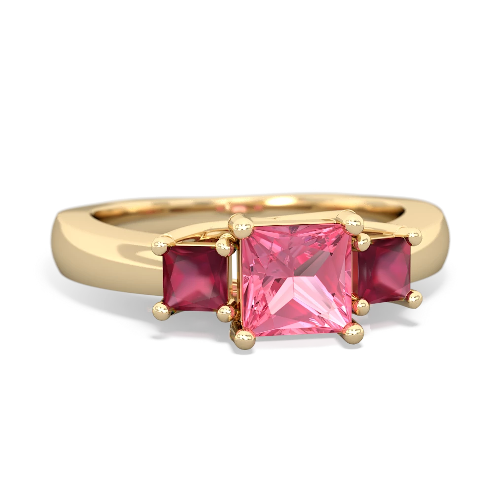 Lab Pink Sapphire Three Stone Trellis 14K Yellow Gold ring R4015