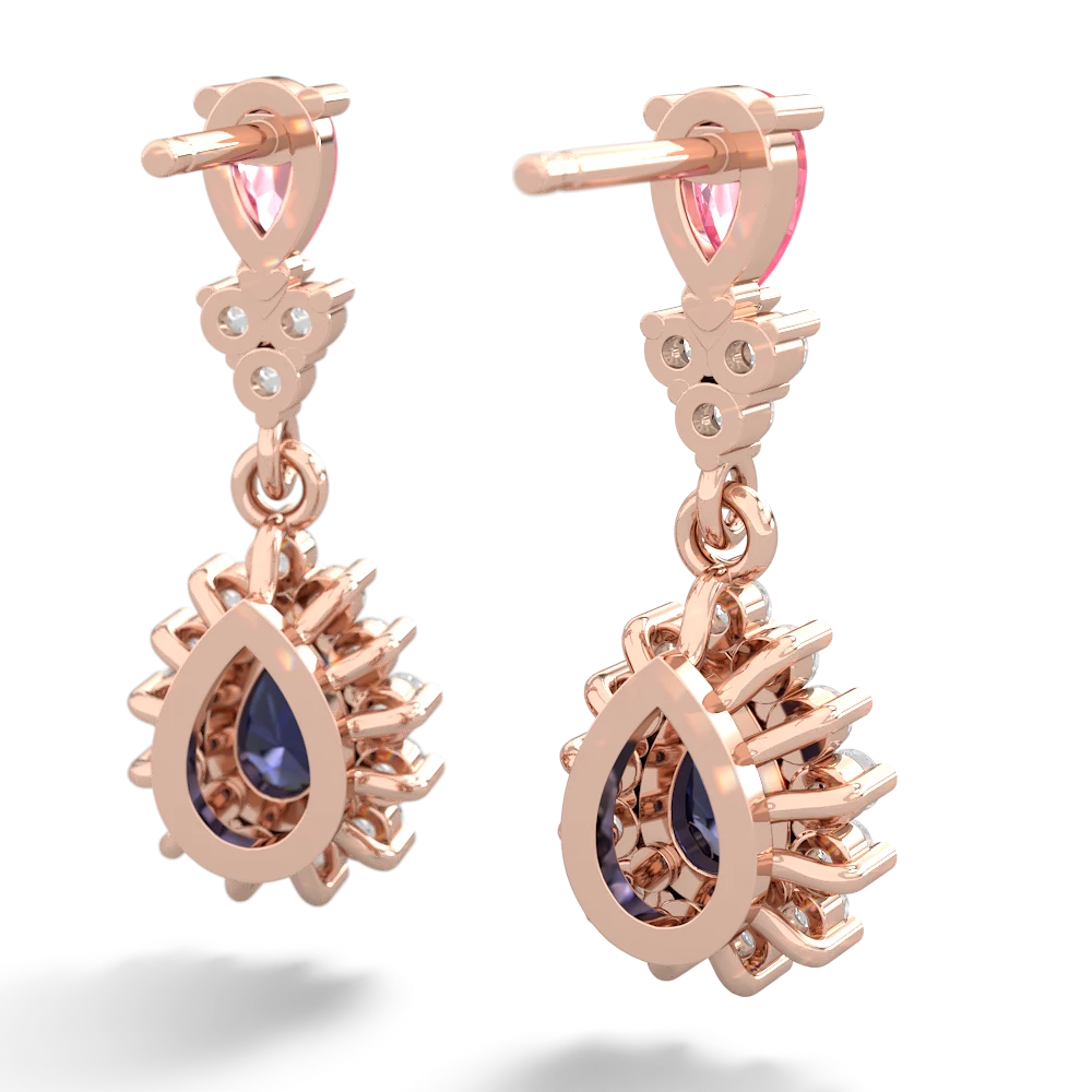 Lab Pink Sapphire Halo Pear Dangle 14K Rose Gold earrings E1882