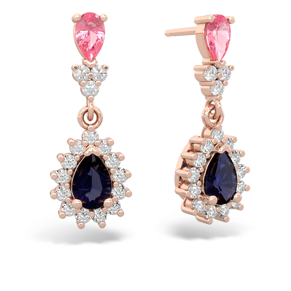 Lab Pink Sapphire Halo Pear Dangle 14K Rose Gold earrings E1882