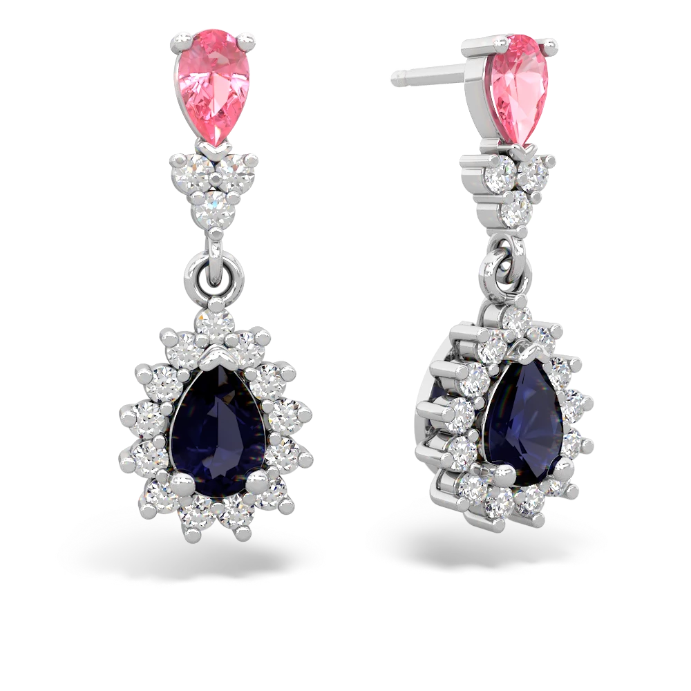 Lab Pink Sapphire Halo Pear Dangle 14K White Gold earrings E1882