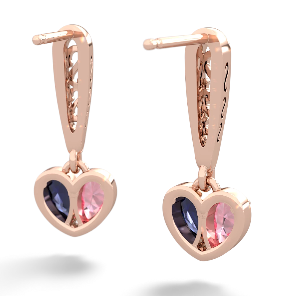 Lab Pink Sapphire Filligree Heart 14K Rose Gold earrings E5070