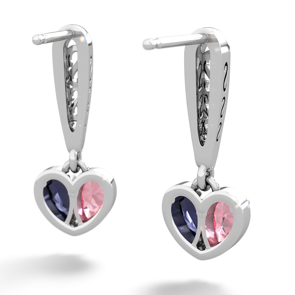 Lab Pink Sapphire Filligree Heart 14K White Gold earrings E5070