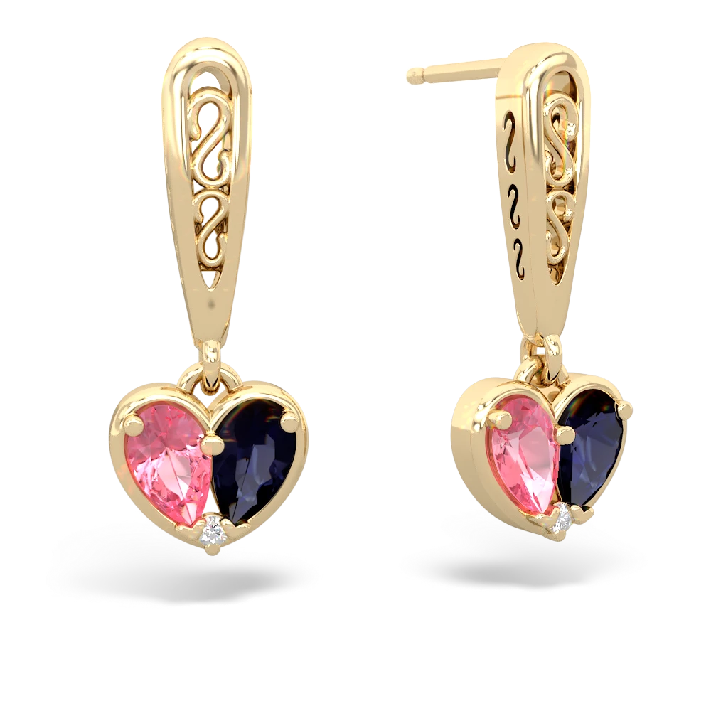 Lab Pink Sapphire Filligree Heart 14K Yellow Gold earrings E5070