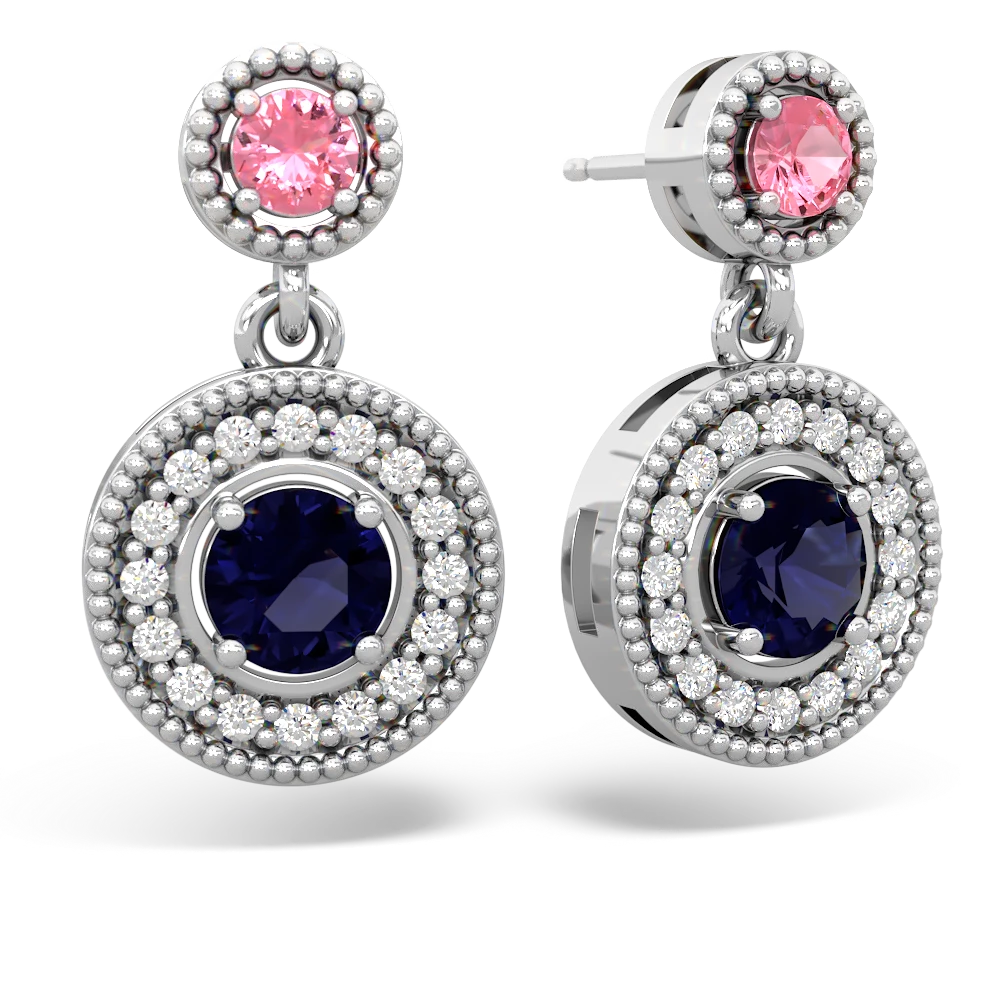 Lab Pink Sapphire Halo Dangle 14K White Gold earrings E5319