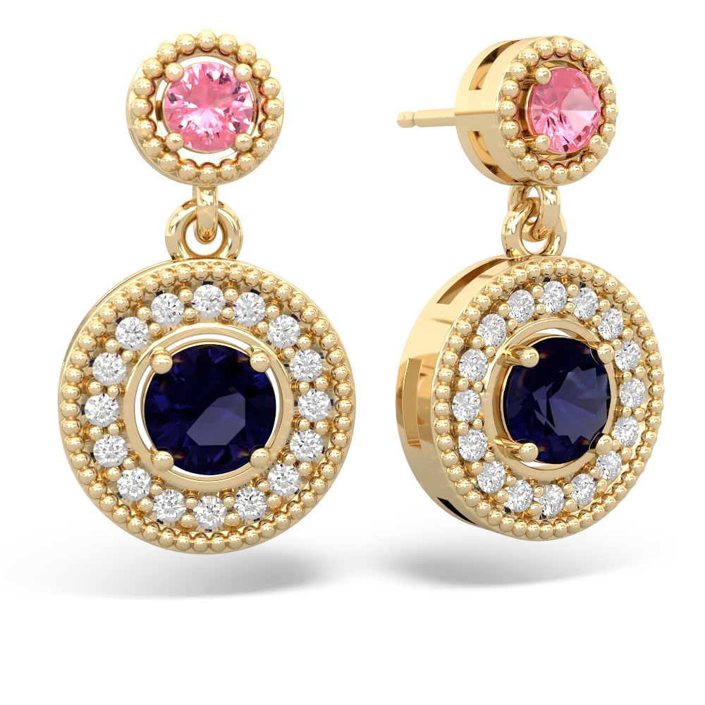 Lab Pink Sapphire Halo Dangle 14K Yellow Gold earrings E5319