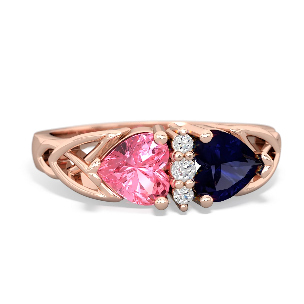 Lab Pink Sapphire Celtic Knot Double Heart 14K Rose Gold ring R5040