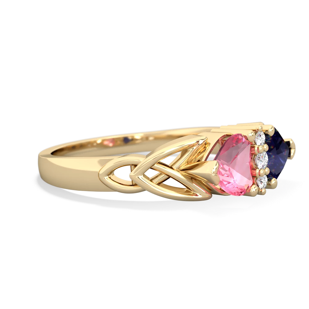 Lab Pink Sapphire Celtic Knot Double Heart 14K Yellow Gold ring R5040