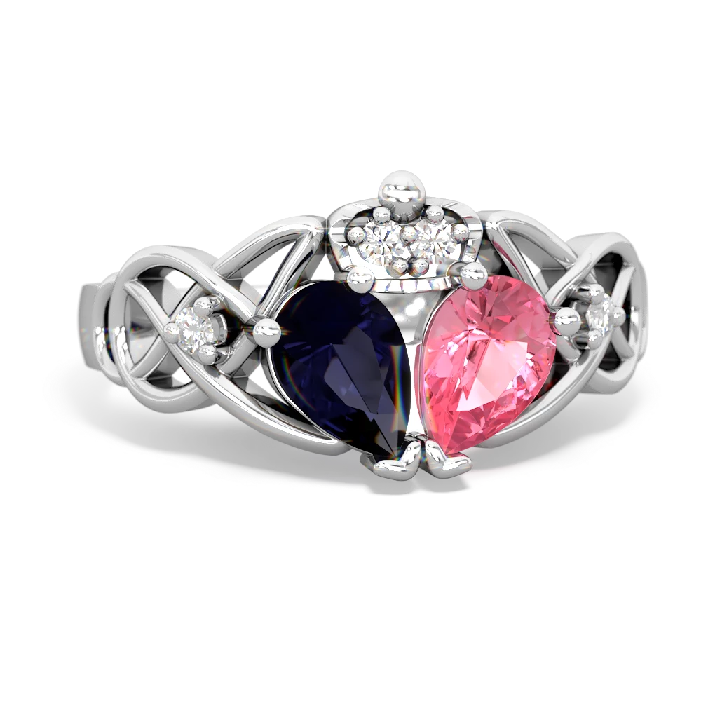 Lab Pink Sapphire 'One Heart' Celtic Knot Claddagh 14K White Gold ring R5322