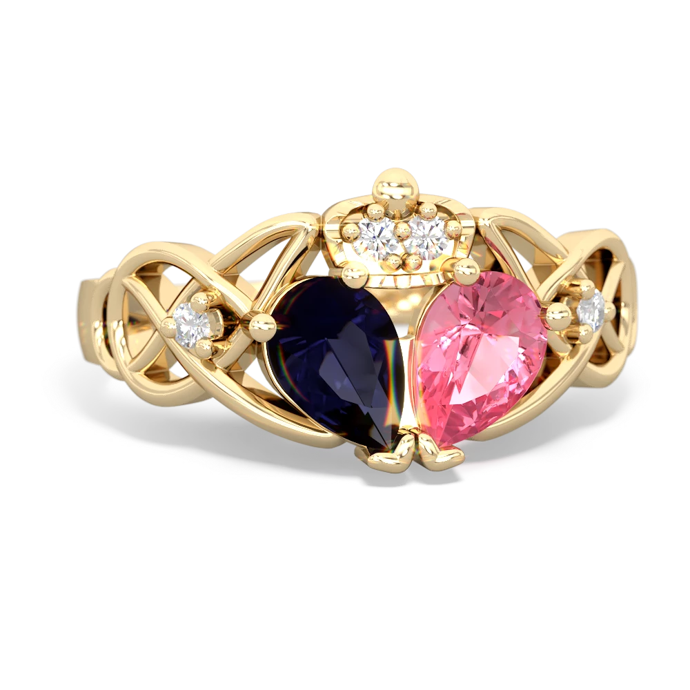 Lab Pink Sapphire 'One Heart' Celtic Knot Claddagh 14K Yellow Gold ring R5322