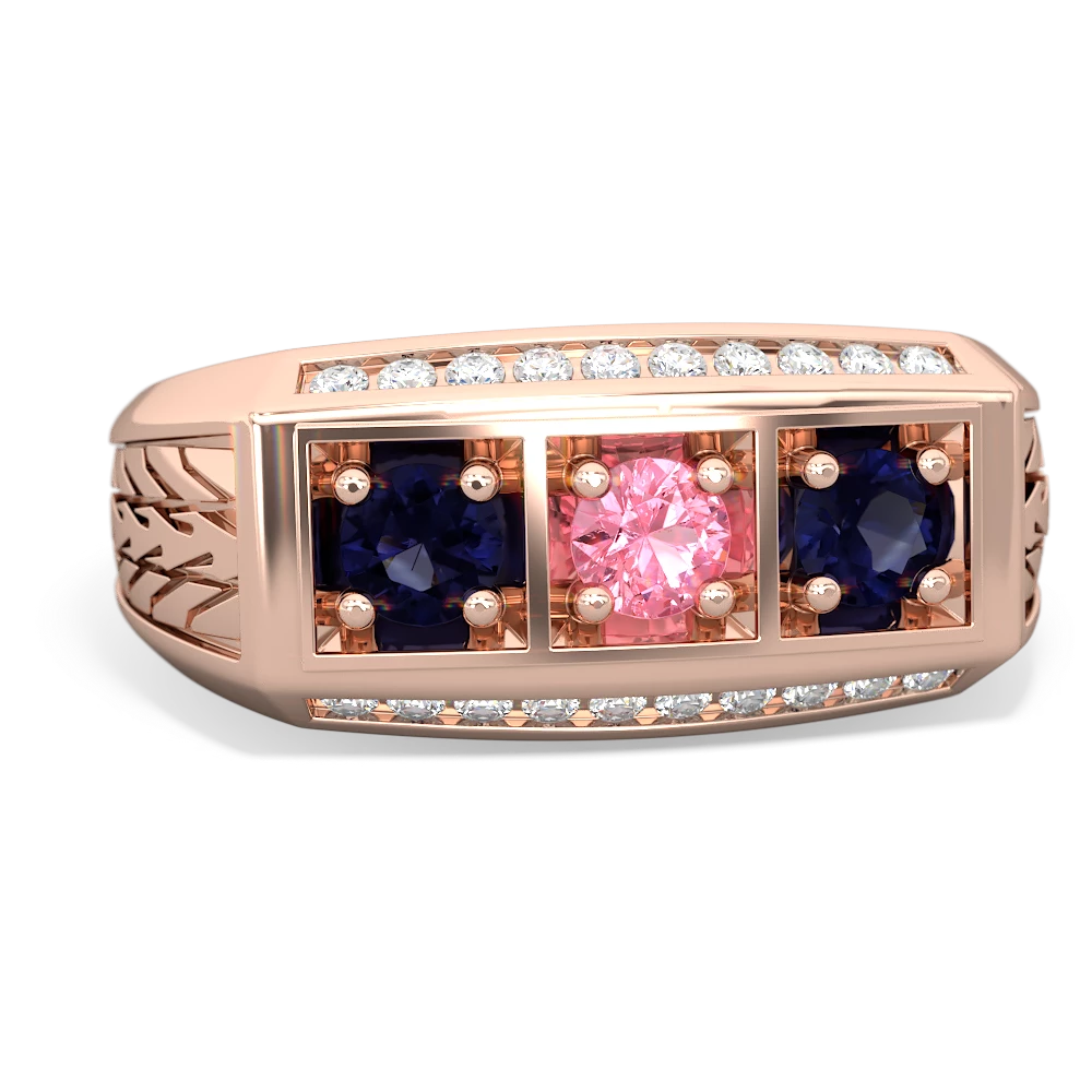 Lab Pink Sapphire Three Stone Tire Tread Men's 14K Rose Gold ring R0520