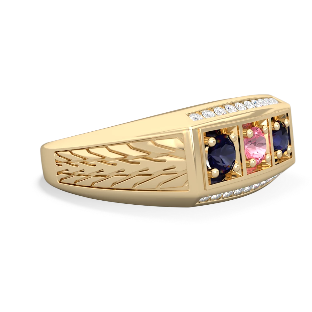 Lab Pink Sapphire Three Stone Tire Tread Men's 14K Yellow Gold ring R0520