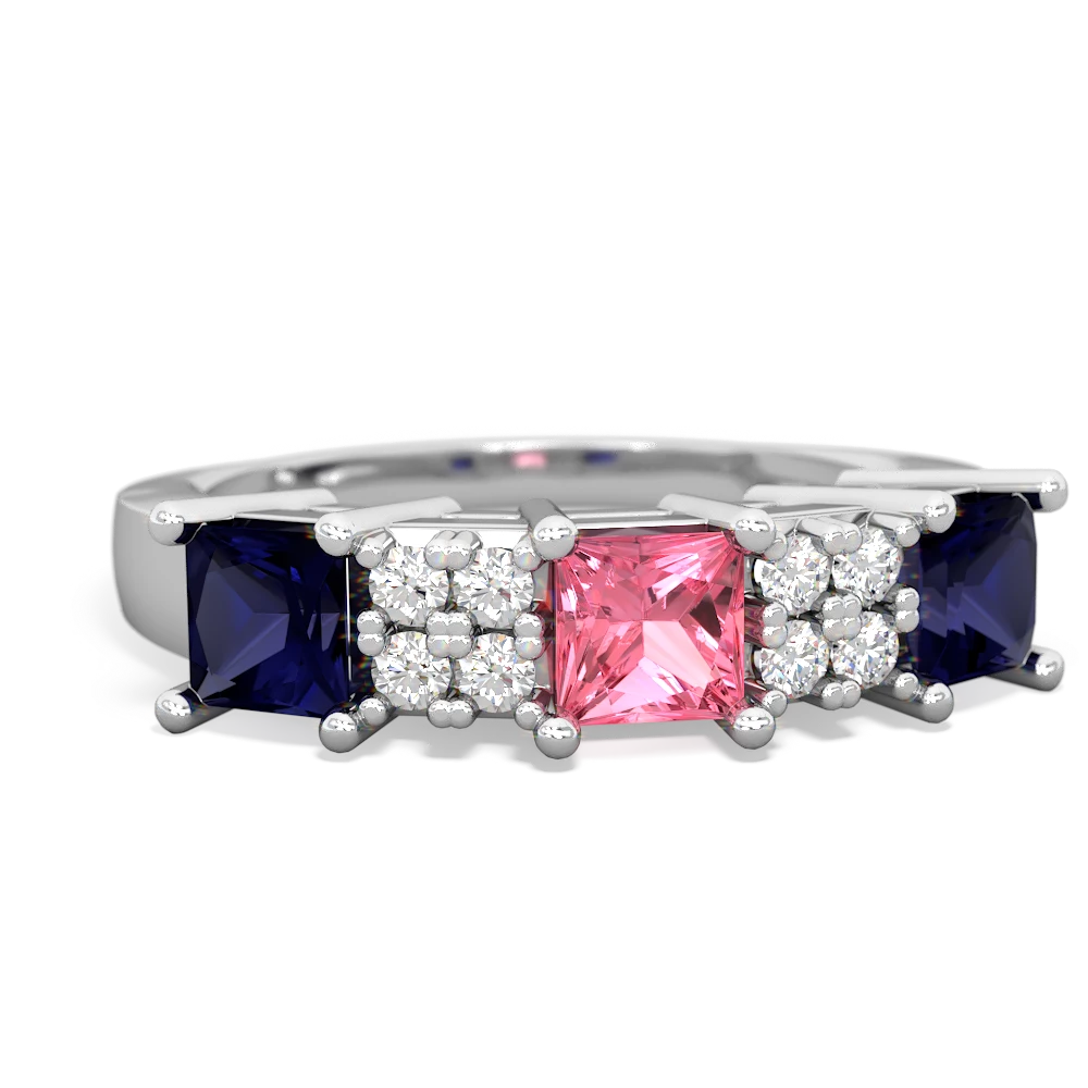 Lab Pink Sapphire Three Stone Diamond Cluster 14K White Gold ring R2592